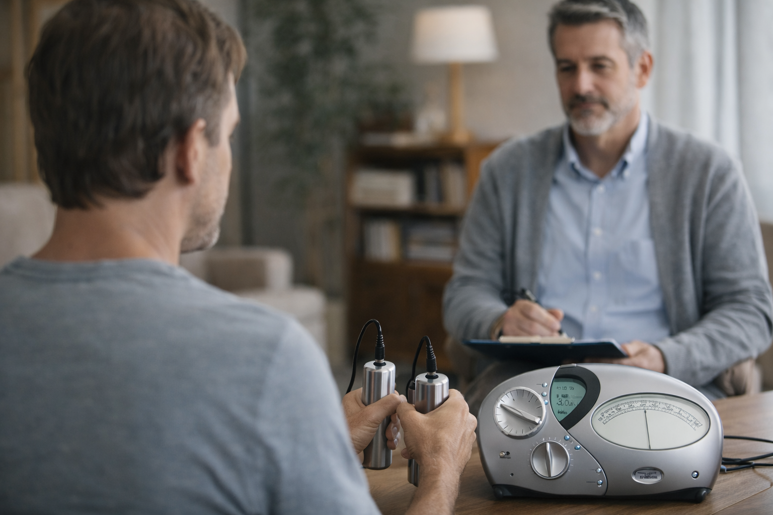 terapeuta de Dianetica usando el e-metro para evaluar el estado de su cliente