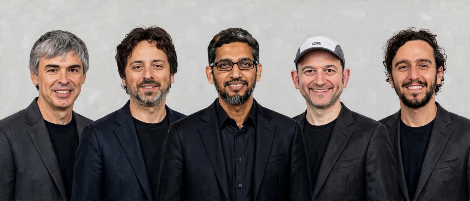 Sundai Pichar en el centro: hacia la izquierda los fundadores de Google: Larry Page y Sergei Brin. Hacia la derecha los Players de Character.Ai (sus socios de negocio)